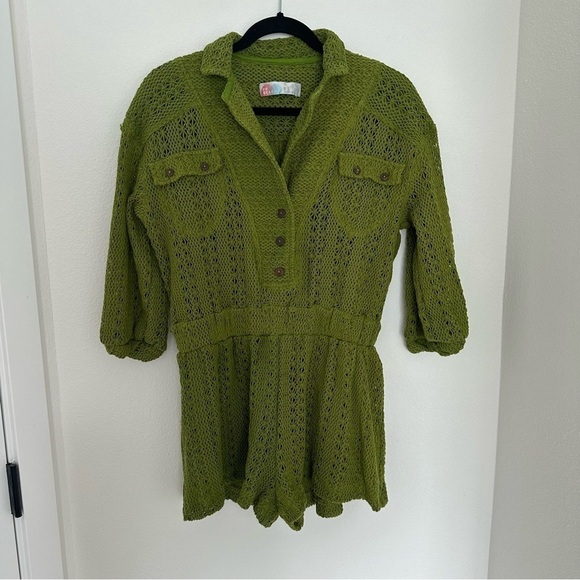 Free People Ryan Knit Crochet Romper Green One Piece Size XS Women’s Collared - Picture 2 of 11